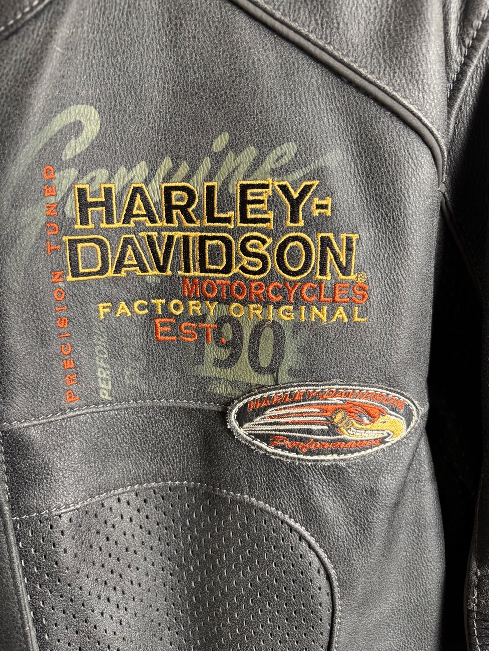 Harley-Davidson Black Leather Bomber Jacket with Yellow & Orange Embroidery.